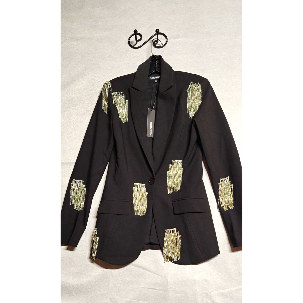 Fashion Nova Black Rhinestone Blazer Button Front Long Sleeve w/ Pockets XS